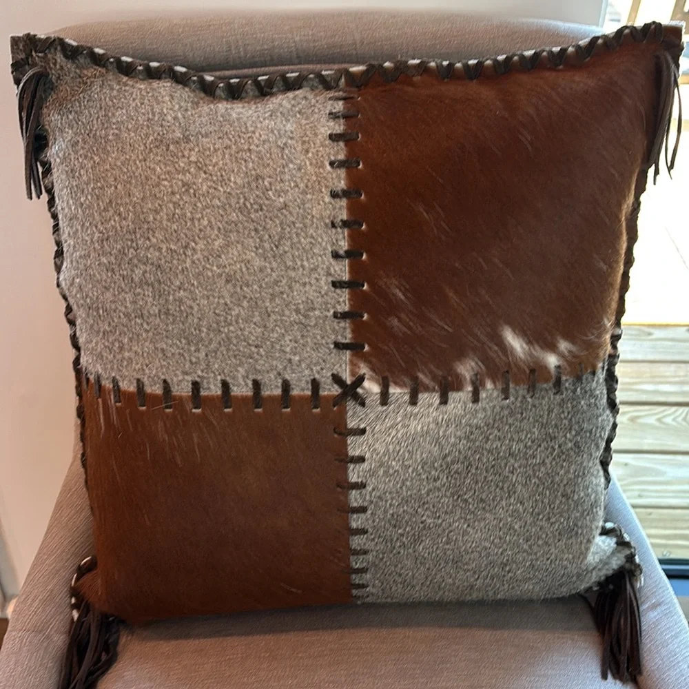 YKK 100% Real Cowhide Reversible Patchwork Accent Pillow Cover - Picture 4 of 11